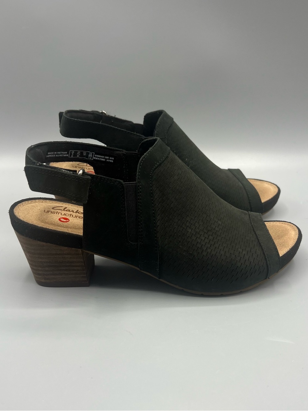 Clarks Black Leather Peep-Toe Slingback Block Heel Mules